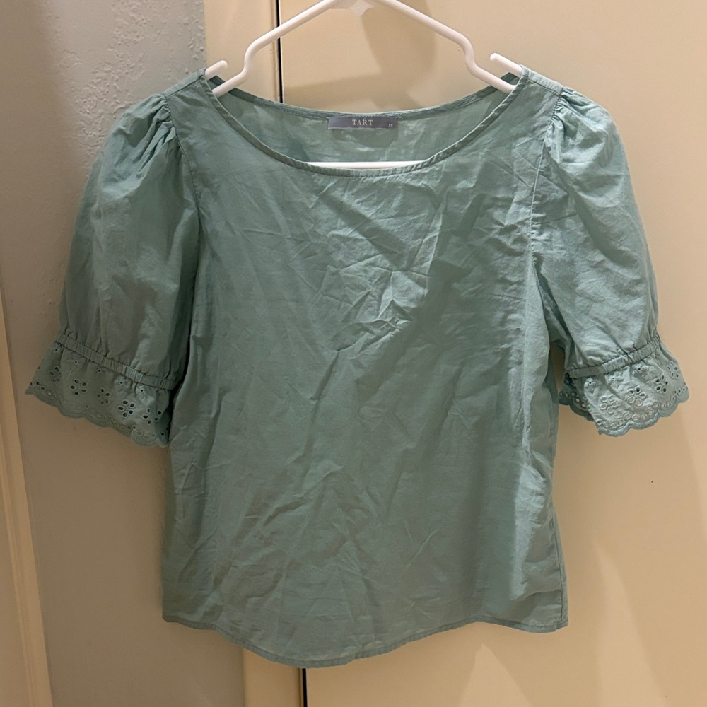 Tart Mint Green Puff Sleeve Eyelet Trim Top